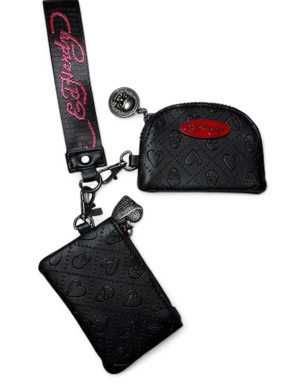 Ed Hardy Black Duo Card Holder & Coin Purse with Pink Logo Strap